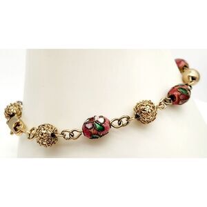 Vintage Cloisonne Pink White Green Floral Bead Gold Tone Netted Bead Bracelet 7"
